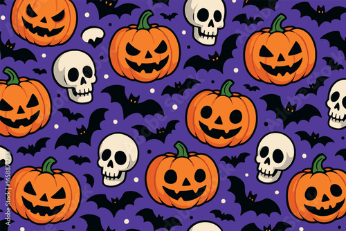 Orange pumpkins with mischievous grins are prominently featured in a repeating pattern against a vivid purple backdrop. Accompanying these pumpkins