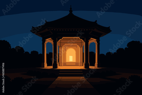 The architectural elegance of the pavilion is highlighted by its symmetrical design, framed by a deep blue twilight sky. Its warm interior light