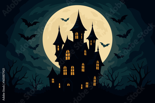 A silhouetted haunted house with crooked towers looms under a full moon, surrounded by fluttering bats. The gothic architecture stands out against the