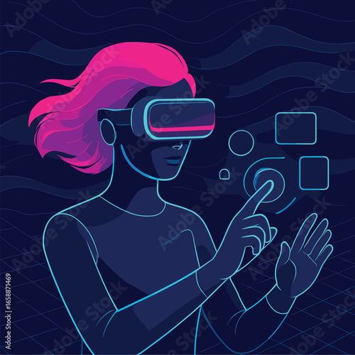 A figure wearing a sleek, futuristic VR headset with glowing neon accents interacts with an invisible digital interface. The scene is set against a