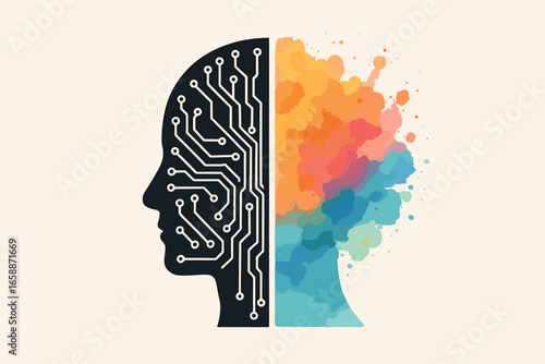 A minimalist design showcases a silhouette split in half, with one side detailed with intricate circuitry patterns in monochrome, symbolizing