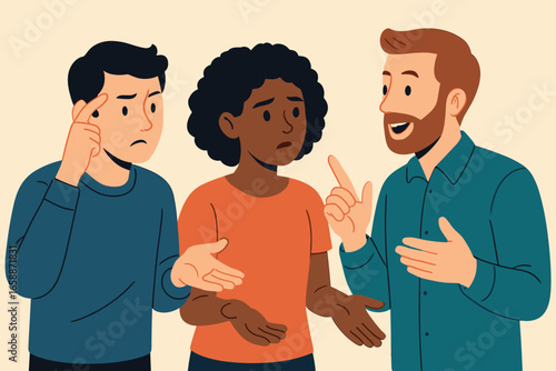 A trio of characters caught in a lively discussion, their body language revealing diverse reactions. One person seems puzzled, while another appears