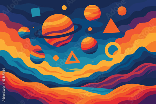 Floating planets and geometric shapes hover above a textured landscape, creating a blend of reality and imagination. The focus is on the harmony