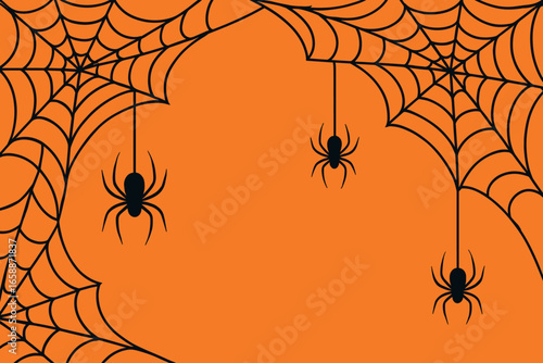 Spider webs stretch elegantly across the corners of the image, with silhouetted spiders dangling from thin threads. The webs' delicate patterns