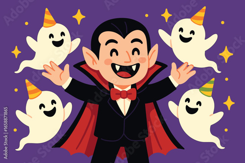 A cheerful vampire with a classic cape and fangs, surrounded by jovial ghosts wearing party hats. The vampire stands with arms raised in excitement,