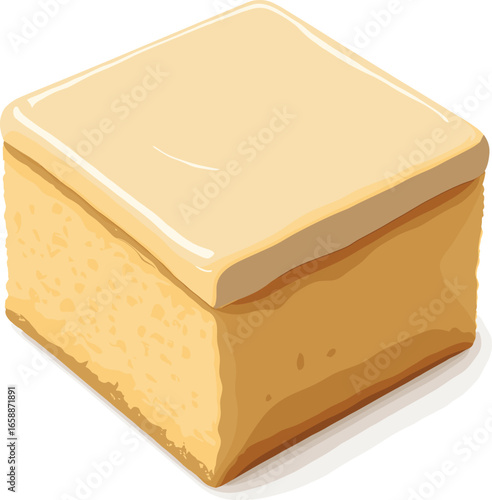A square piece of cake with a smooth frosting on top, shown from a slightly elevated angle. The edges are clean and the top surface is glossy,