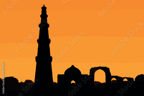 The Qutub Minar rises gracefully on the left, its intricate carvings hinted at by the silhouette. It stands tall among the surrounding structures,
