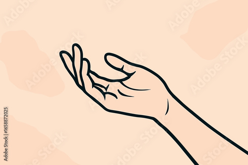A single hand reaching out, fingers slightly curled as if to offer or receive something unseen. The hand's outline is bold against a soft pastel