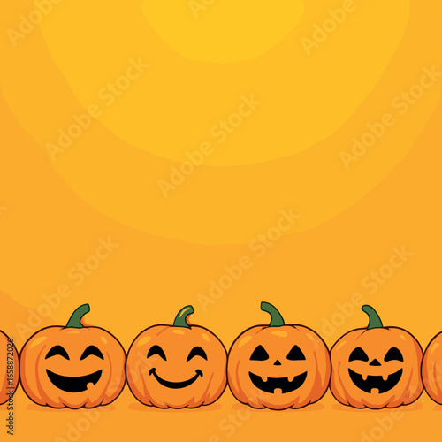 A border of smiling pumpkins stretches across the bottom of the image, each pumpkin displaying a different expression. The scene is set against a