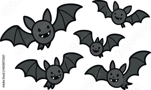 A small flock of cartoon bats flutters around, adding movement and excitement to the scene. Their simple, playful design contrasts with the vibrant