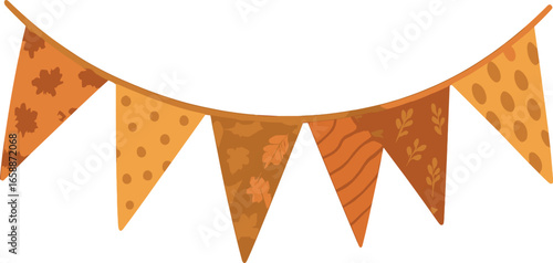 A string of festive bunting in warm autumn colors is draped in a gentle curve, evoking a sense of celebration. Each triangular flag features a