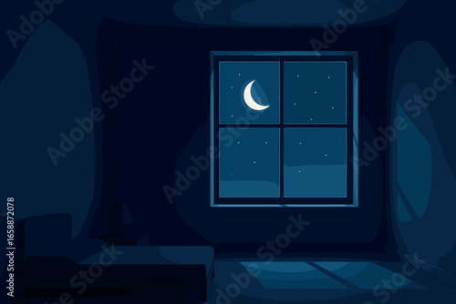 A minimalist room with a large window, casting a soft glow from the crescent moon and stars outside. The deep blue walls enhance the nighttime