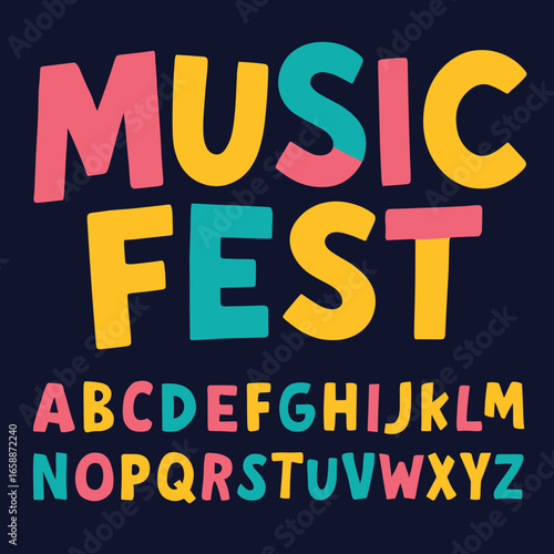 Bold, colorful letters spell 'MUSICFEST' in a playful, dynamic arrangement. Each letter is uniquely styled with vibrant hues like pink, yellow, and