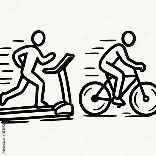 A treadmill and bicycle are depicted in motion, capturing the essence of cardio exercises. The hand-drawn style with thick, confident lines gives a