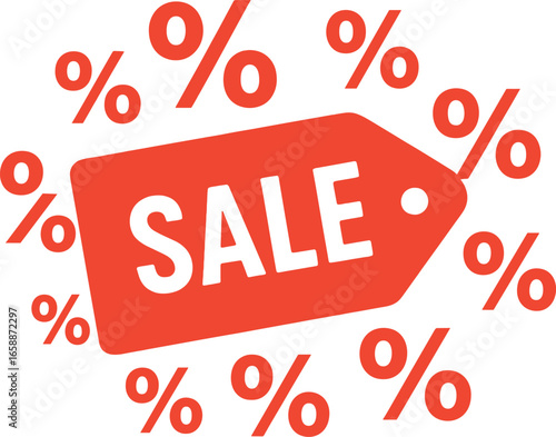 Bold percentage symbols in various sizes emphasize discounts and deals, scattered around the main tag. Their bright red color and strategic placement