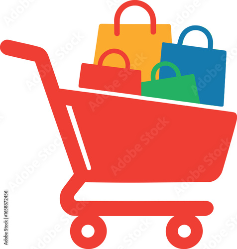 A large, vibrant red shopping cart icon filled with colorful packages, symbolizing retail excitement. The packages are variously sized, hinting at