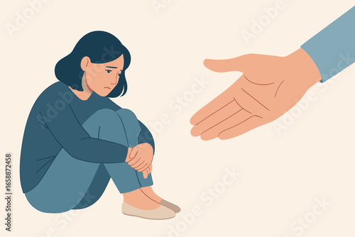 A woman sits curled up on the floor, her expression somber and reflective. Across from her, a large, open hand reaches out in a gesture of support and