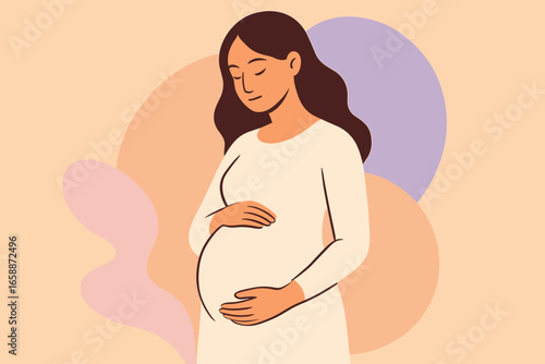 A serene pregnant woman stands with hands cradling her belly, surrounded by abstract pastel shapes. The focus is on her gentle expression and the
