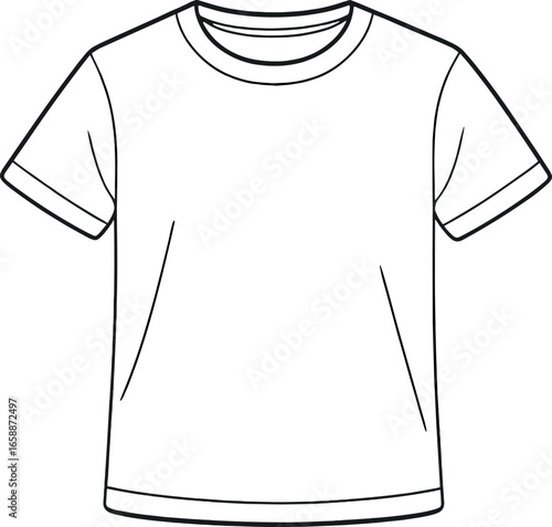 A simple line art of a white t-shirt, emphasizing its basic and essential nature. The short sleeves and round neckline are clearly outlined, with