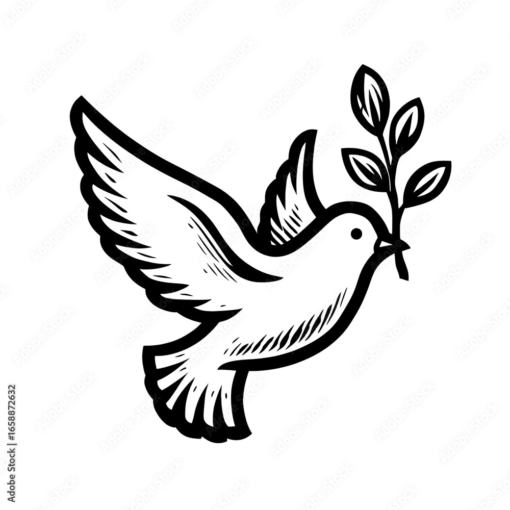 Fototapeta premium A serene illustration of a dove carrying an olive branch, symbolizing peace and hope in a minimalist style.