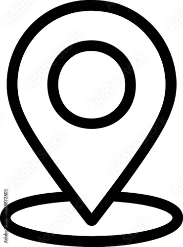 A location pin icon is centered, outlined in bold black lines. It features a circular center and a pointed base resting on a flat elliptical line,