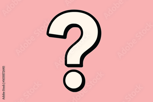 A bold question mark, outlined in black with a white fill, dominates the pastel pink background. Positioned centrally, it invites curiosity and