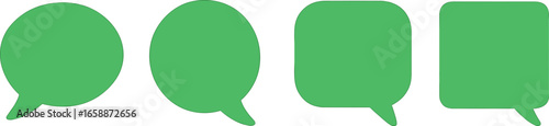 A collection of green chat icons with diverse shapes, such as elliptical and square, aligned horizontally. Each icon features a unique tail position,