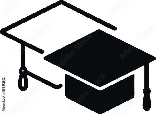 A pair of overlapping graduation caps, one in a line style and the other in solid form, creating a dynamic interplay between the two. The composition