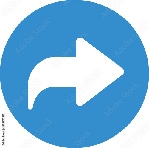 A blue circle featuring a white arrow pointing right, symbolizing sharing or forwarding. The icon's straightforward design and high contrast ensure