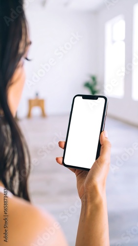 Woman looking at blank smartphone screen (1)