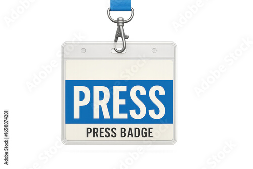 Press badge hanging with blue lanyard on transparent background