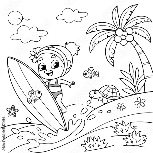 vector illustration of a cute surfer girl surfing the Great Barrier Reef in surrounded by Koalas, , Turtles, Fish and Flowers. coloring page black and white