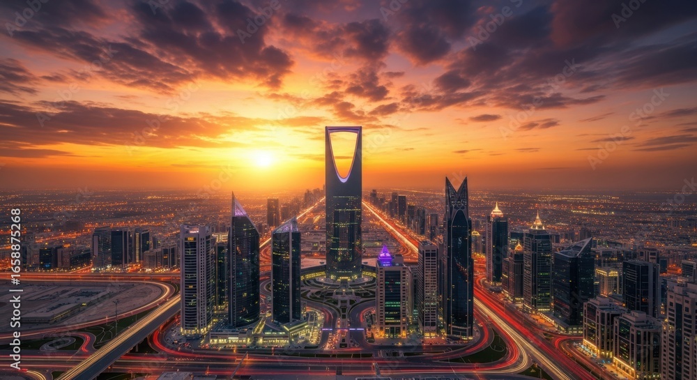 Fototapeta premium Aerial View of a Modern City Skyline at Sunset With Dramatic Clouds