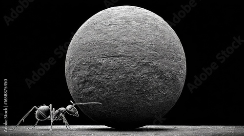 A tiny ant pushes a large, textured sphere.