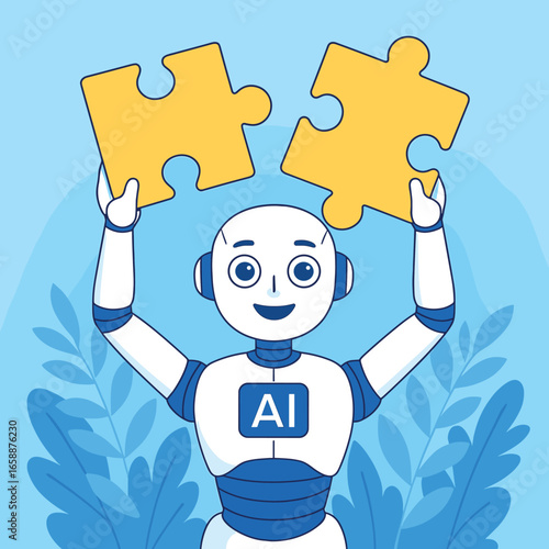 A humanoid robot with a friendly expression holds two large, yellow puzzle pieces above its head, symbolizing problem-solving. The background features