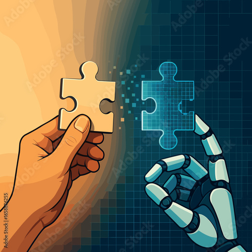 A stylized depiction of a puzzle piece transitioning from a physical form in a human hand to a digital representation in a robotic hand. The