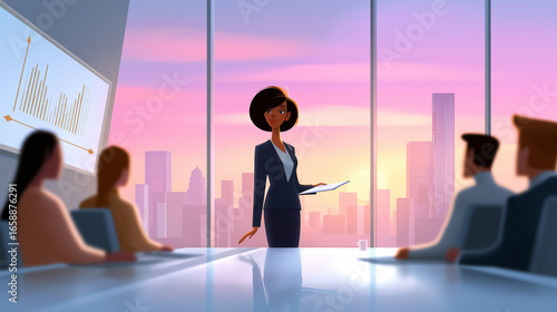 Businesswoman stands confidently holding a report while presenting to colleagues. Sleek boardroom with large windows overlooking the city at sunset