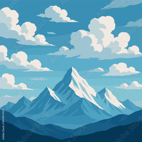 Scattered clouds drift lazily across the sky, their soft forms contrasting with the sharp peaks of the mountains below. The clouds create a dynamic