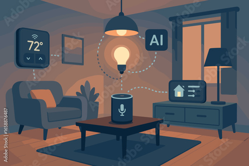 An AI-driven smart home system depicted with various connected devices in a cozy living room. Devices include a smart thermostat, voice-activated