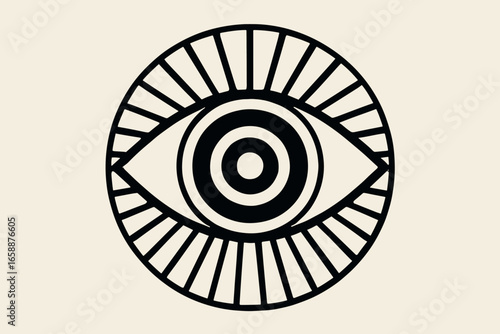 An abstract representation of an eye with geometric patterns. The design features concentric circles and radiating lines, creating a sense of depth