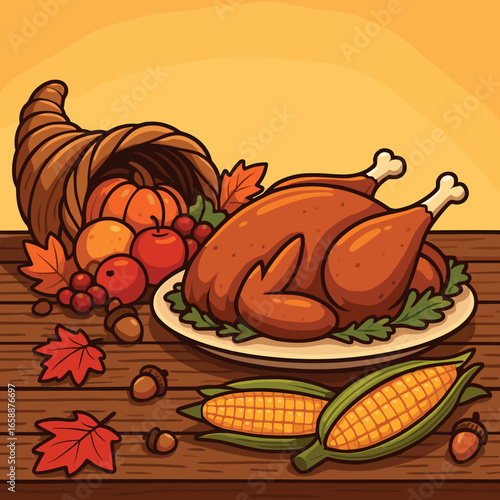 An arrangement of Thanksgiving dinner elements, including a roasted turkey, cornucopia, and corn, spread out on a rustic wooden table. The setting is