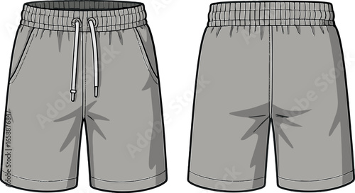 A pair of casual shorts with an elastic waistband and drawstrings, shown from the front and back. The design emphasizes functionality with neat