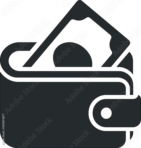 A digital wallet icon showing a stylized wallet with a flap open, revealing a stack of notes. The wallet is depicted in shades of black and white,