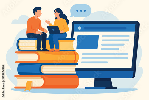 Two individuals sit atop a stack of oversized books at the top left, engaged in conversation. Their positioning suggests collaborative learning in a