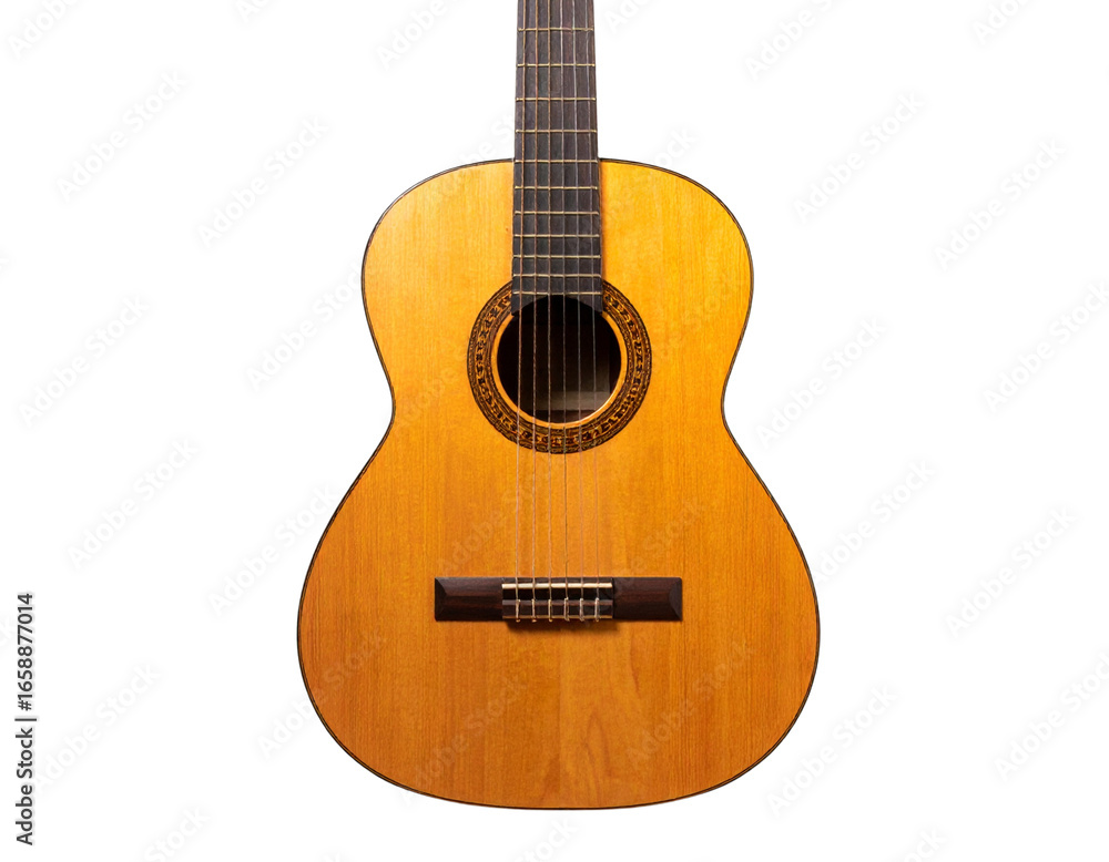 Obraz premium Angled Side View of Acoustic Guitar Resting Upright with Visible Shadow, Transparent Background