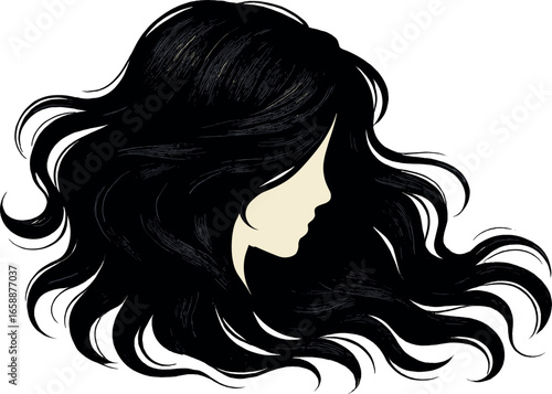 An artistic depiction of flowing hair, accentuated by soft, wavy lines and a rich dark color. The hair's movement is captured with elegance,