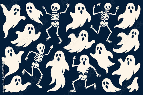 A playful array of ghostly figures and skeletons dancing across a midnight blue background. Each figure exhibits a unique pose, contributing to a
