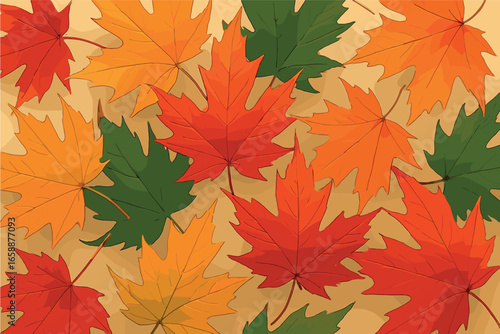 A dynamic array of colorful maple leaves fills the scene, each leaf meticulously detailed with veins and serrated edges. The leaves are layered to