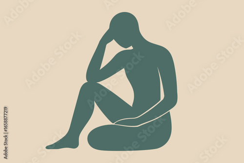 A minimalist silhouette of a seated figure, one arm raised to the head, conveying introspection. The figure is centered on a textured beige background