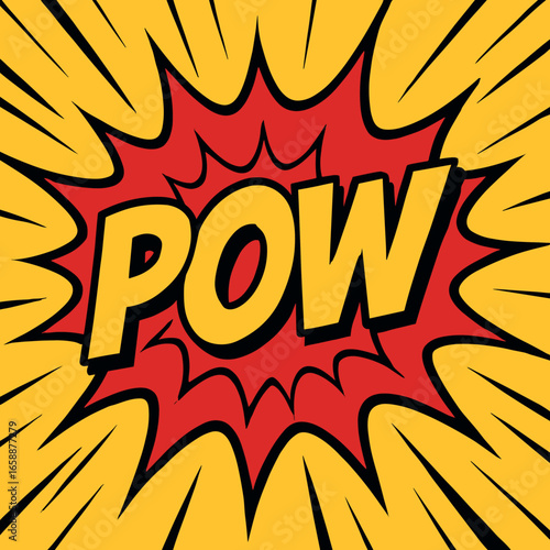 An explosive comic-style scene depicts a classic 'POW' text in bold letters at the center. Jagged lines radiate outward, suggesting impact and motion.